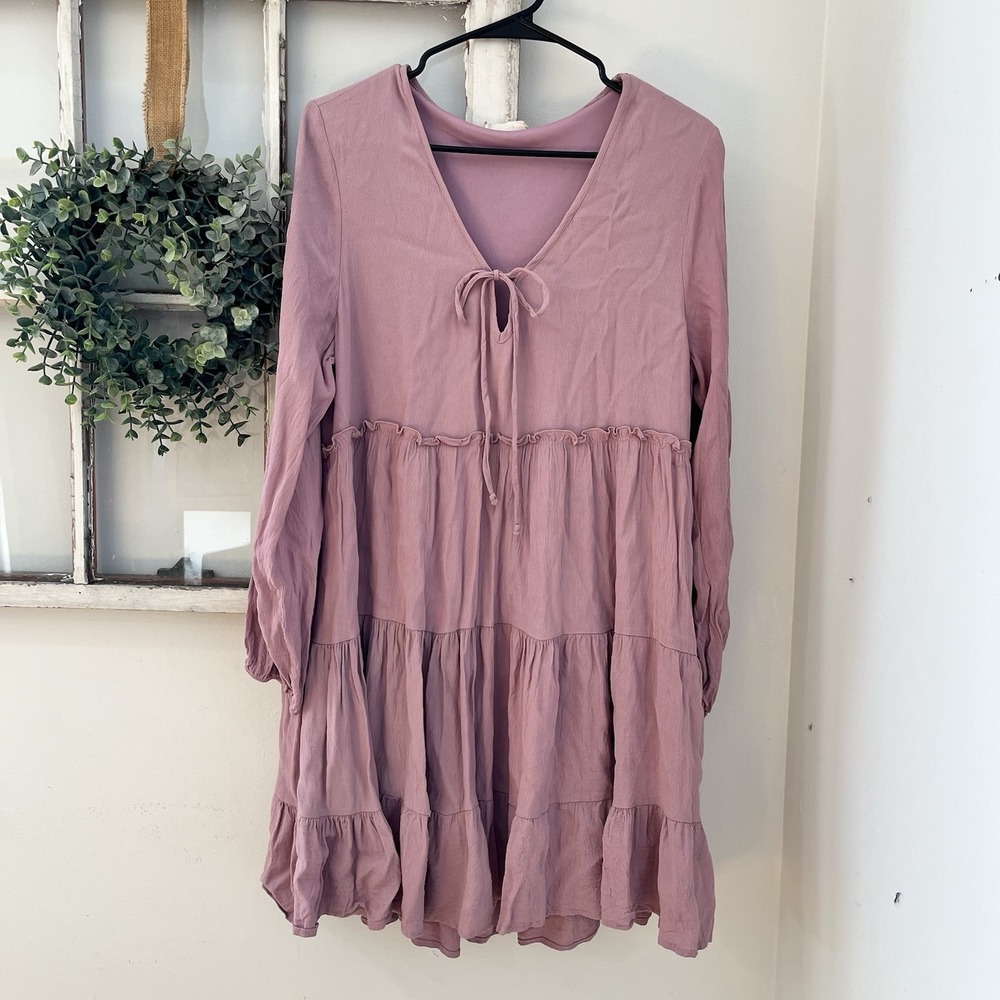 Altar'd State Tiered Ruffle Lilac Easter Spring Swing Dress Tie Front Boho Sz M